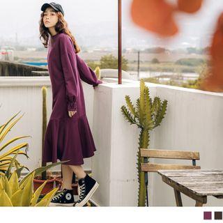 Letter Embroidered Cuff Ruffled Hem Pullover Dress
