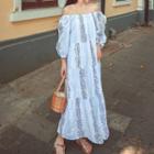 Long-sleeve Embroidered Off-shoulder Midi Dress