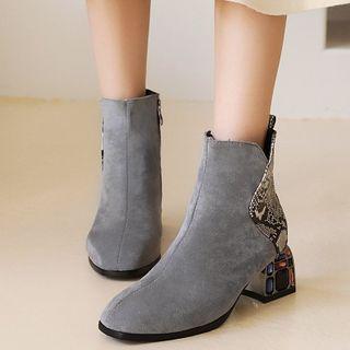 Chunky Heel Snakeskin Print Panel Short Boots
