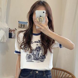 Short-sleeve Cartoon Print Cropped Ringer T-shirt White - One Size