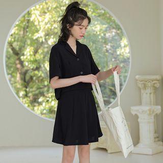 Set: Short-sleeve Notch Lapel Shirt + Mini A-line Skirt Black - One Size