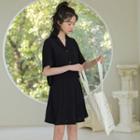 Set: Short-sleeve Notch Lapel Shirt + Mini A-line Skirt Black - One Size