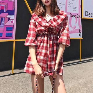 Elbow-sleeve Ruffled Plaid Playsuit