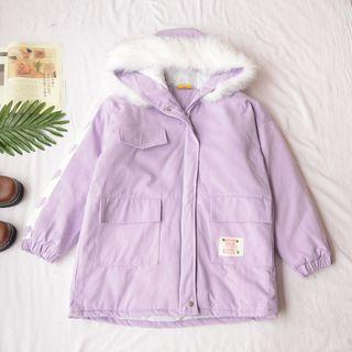 Faux Fur Trim Hooded Heart Print Padded Coat