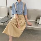 Short-sleeve Plain Shirt / Suspender Midi A-line Skirt
