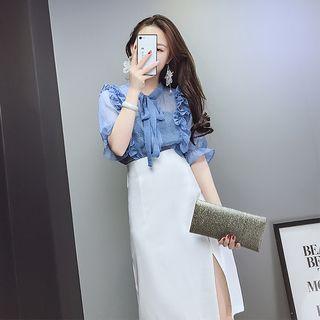 Set: Elbow-sleeve Tie-neck Blouse + Slit A-line Skirt