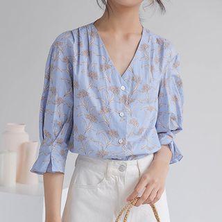 Flower Print Elbow-sleeve V-neck Blouse