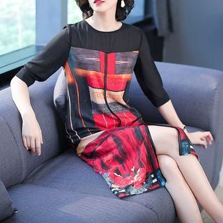 3/4-sleeve Print Panel Midi A-line Dress