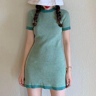 Short-sleeve Knit Mini Bodycon Dress Green - One Size