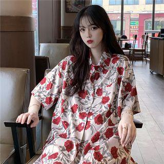 Short-sleeve Floral Blouse As Shown In Figure - One Size