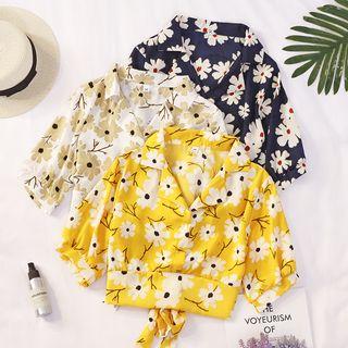 V-neck Bow Back Short-sleeve Printed Top