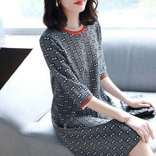 Elbow-sleeve Printed Knit Dress