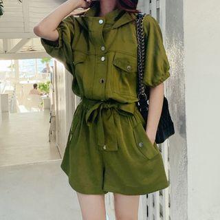 Short Sleeve Plain Cargo Hooded Romper