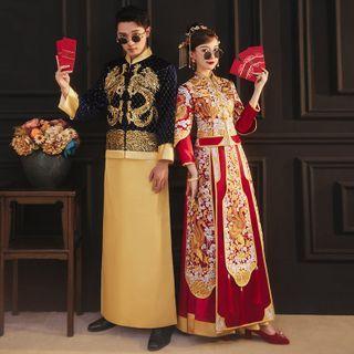 Set: 3/4-sleeve Phoenix Embroidered Chinese Wedding Cheongsam + Maxi Skirt + Headpiece + Earring