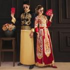 Set: 3/4-sleeve Phoenix Embroidered Chinese Wedding Cheongsam + Maxi Skirt + Headpiece + Earring