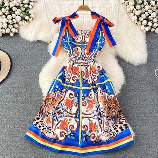Bow Strap Printed A-line Dress