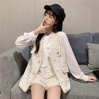 Tie Neck Blouse / Plaid Tweed Vest / Shorts / Set