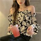 Off-shoulder Floral Print Blouse Black - One Size