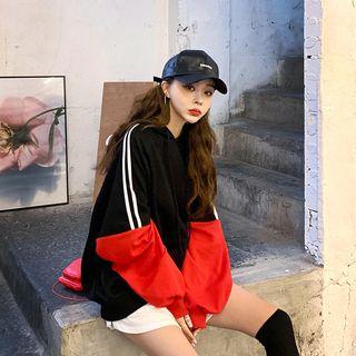 Letter Contrast-sleeve Layered-hem Hoodie