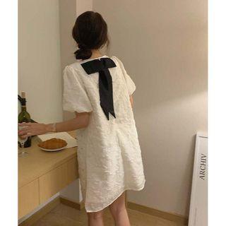 Puff-sleeve Rhinestone Mini Shift Dress White - One Size