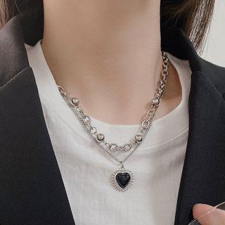 Heart Pendant Layered Stainless Steel Necklace Black Heart - Silver - One Size