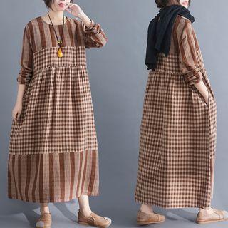 Checked Panel Long-sleeve Midi Dress