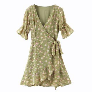 Short-sleeve Floral Print Tie-front A-line Dress