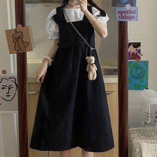 Sleeveless Button-front A-line Dress / Puff-sleeve Plain Top