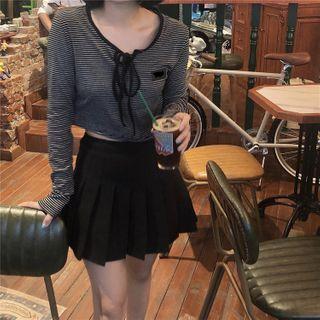 Long-sleeve Striped Tie-neck Cropped Top / Plain Pleated Mini Skirt