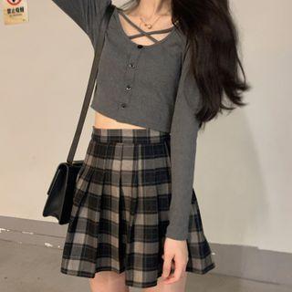 Long-sleeve Cross-strap Single-breasted Top / High-waist Plaid Pleated Skirt
