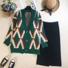 Set: Patterned Cardigan + Knit Midi Pencil Skirt