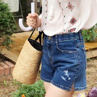 Slit-side Washed Denim Shorts