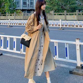 Floral Midi A-line Dress / Plain Trench Coat