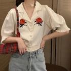 Elbow-sleeve Embroidered Shirt Embroidery - Rose - One Size
