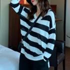 Color-block Striped V-neck Long-sleeve Knit Top As Shown In Figure - One Size