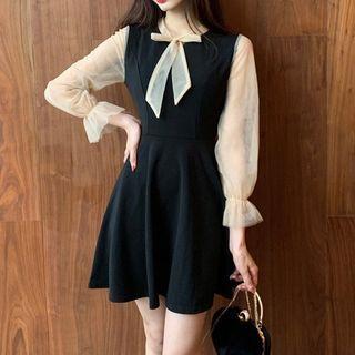 Long-sleeve Tie-neck A-line Mini Dress