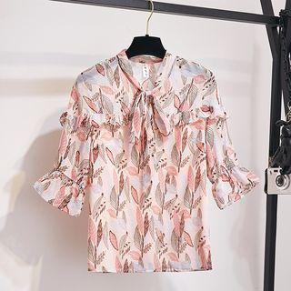 Elbow-sleeve Floral-print Ruffled Top