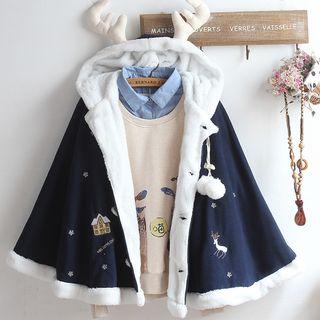 Embroidered Hooded Cape / Cat Print Sweatshirt / Set