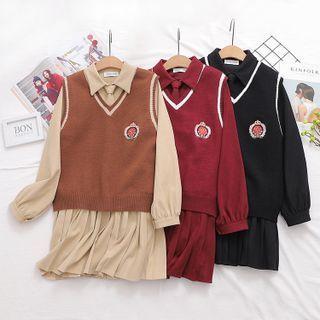 Set: Long Sleeve Dress With Tie + Embroidered Knit Vest