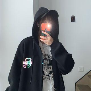 Reflective Bear Printed Zipped Hooded Jacket