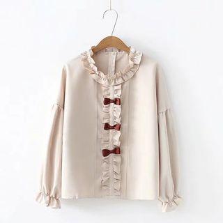 Frill-trim Bow Accent Blouse Khaki - One Size