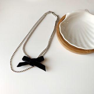 Ribbon Pendant Rhinestone Layered Necklace Silver & Black - One Size