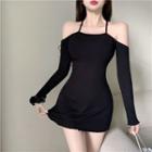 Off-shoulder Cross-back Spaghetti Strap Lettuce-edge Hem Mini Sheath Dress Black - One Size