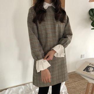 Plaid Collared Long-sleeve Shift Dress