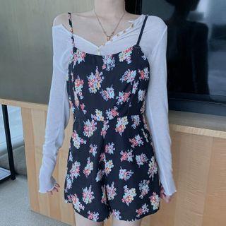 Plain Long-sleeve T-shirt / Floral Print Spaghetti Strap Jumper Shorts