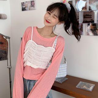 Set : Plain Long-sleeve Top + Pleated Sleeveless Top