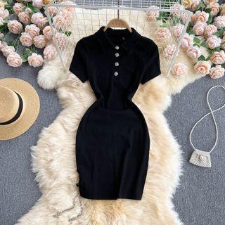 Polo Collar Slit Chain Lace-up Strap Dress Black - One Size
