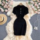 Polo Collar Slit Chain Lace-up Strap Dress Black - One Size