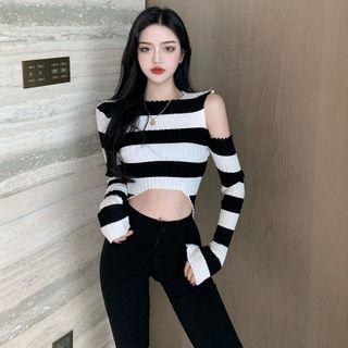 Cold Shoulder Striped Knit Top Stripe - Black & White - One Size