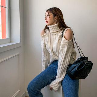 Turtle-neck Slit-shoulder Cable-knit Top